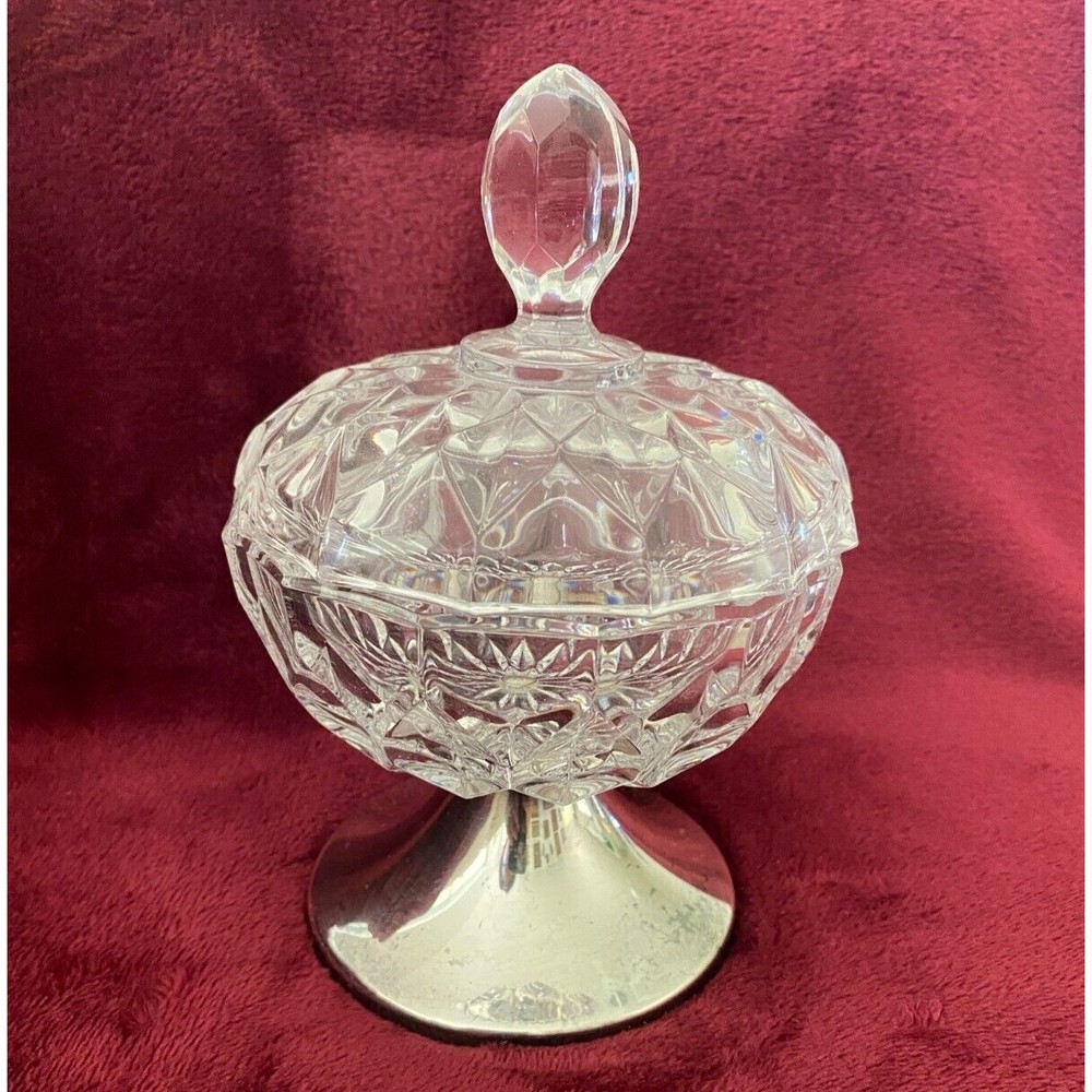 Vintage Wallace 9123 Silver Plate and Crystal Lidded Pedestal Candy Dish USA